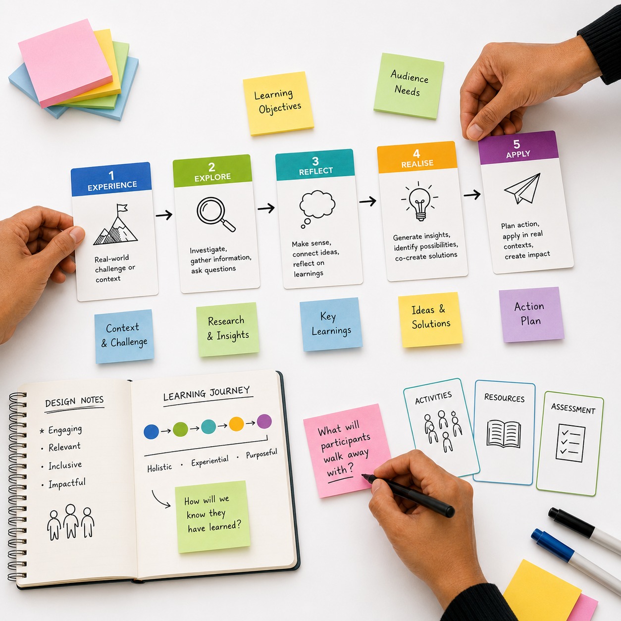 Custom learning design strategy board with connected learning objectives